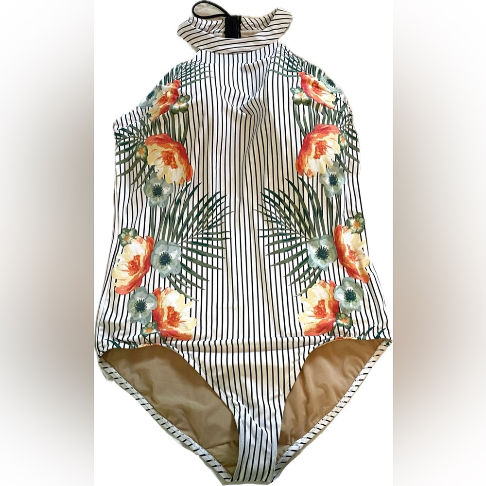 CACIQUE SWIM Suit 26 Plus Size Wireless Molded Foam Bust High Neck Zip Back NWOT